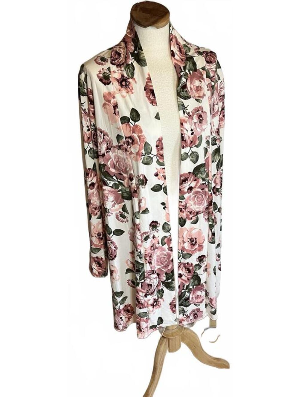 Reborn J Lightweight White / Pink Floral Cardigan Roses L Open Front Long - Picture 1 of 4